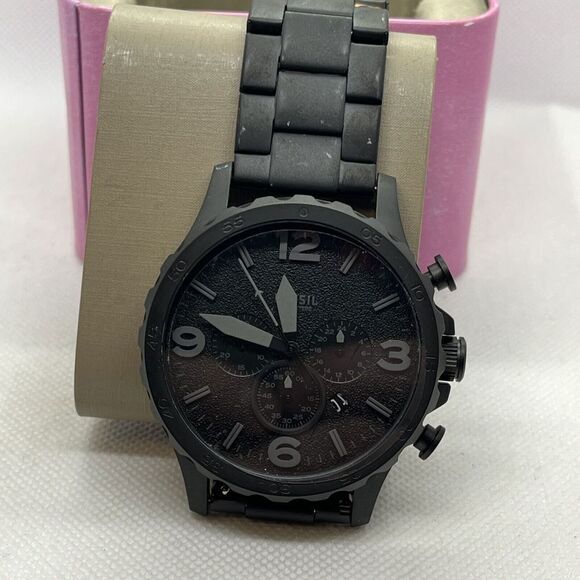 Fossil Nate JR1401 Men Black Stainless Steel Analog Dial Chronograph Watch JMB23 - Picture 1 of 12